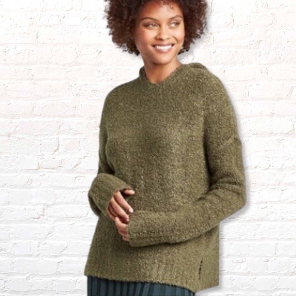 A New Day Womens Hooded Sweater Size Large Green Boucle Yarn Wool Pullover - Picture 13 of 14